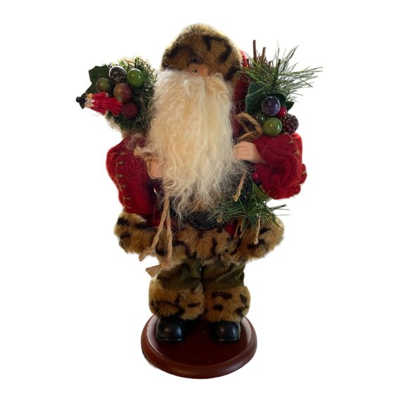 Unbranded Other - Woodland Santa Figurine 12" Holiday Decor with Fur Trim, Greenery & Toy Accents